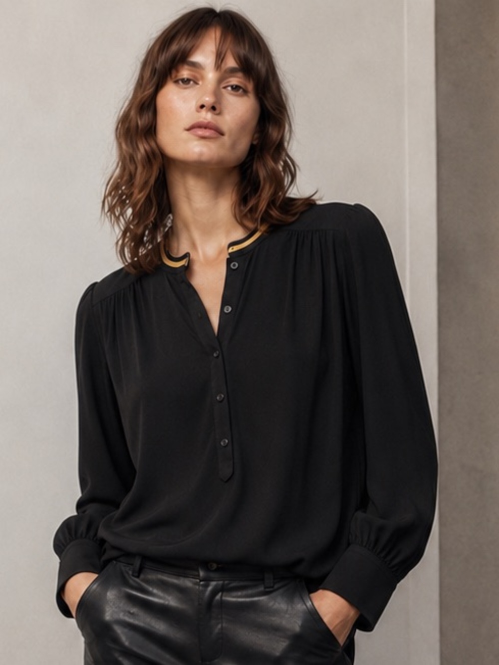 Zadig & Voltaire Tinon Black Gold Trim Blouse Size Med Parisian Rock Chic
